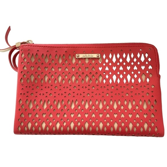 Stella & Dot Perforated Clutch Large 9x5.5 Double Sided Mirror Card Holder Pink - Picture 2 of 11